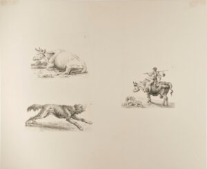 Resting Cow Facing Left, with Trees Beyond (upper left); Running Dog (lower left); Boy Riding a Cow (right)