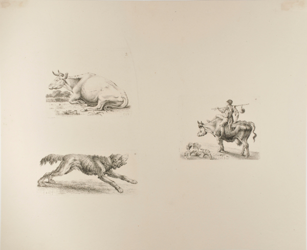 RESTING COW FACING LEFT, WITH TREES BEYOND (UPPER LEFT); RUNNING DOG (LOWER LEFT); BOY RIDING A COW (RIGHT)