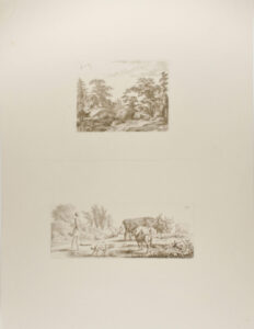 Landscape with Thatched Cottages (top); Young Cowherd with a Dog and Five Cows (bottom)