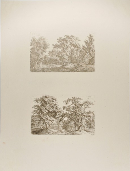 LANDSCAPE WITH THATCHED COTTAGE AT RIGHT (TOP); HILLY LANDSCAPE WITH A ROAD BETWEEN TWO TREES (BOTTOM)