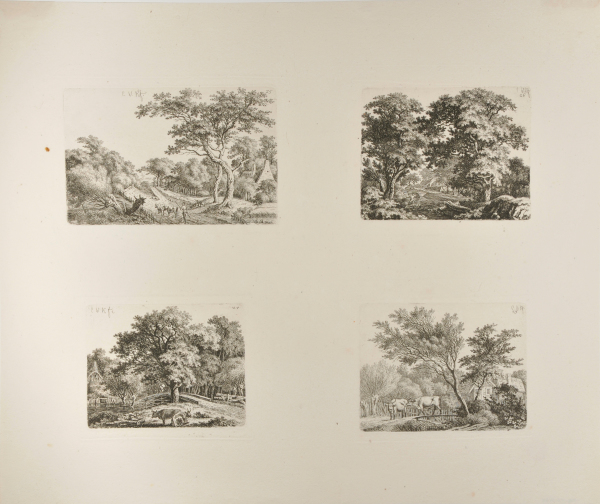 WIDE ROAD WITH COWHERD AND TWO COWS (UPPER LEFT); FOREST LANDSCAPE WITH A STREAM AND A MAN IN A CANOE (UPPER RIGHT); TWO CATTLE BY A DITCH WITH A WOODEN BRIDGE (LOWER RIGHT); FOREST LANDSCAPE WITH A STONE BRIDGE AND TWO CATTLE (LOWER LEFT)