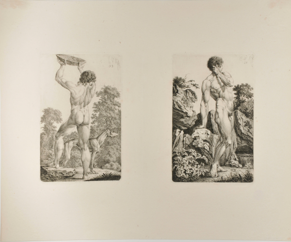 NUDE MAN HOLDING ALOFT A BOWL (LEFT); NUDE MAN LEADING ON BOULDERS (RIGHT)
