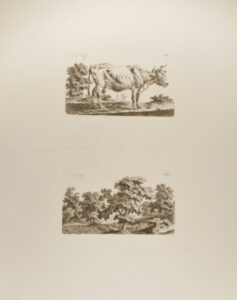 Standing Cow, Facing Right (top); Landscape with Two Silhouetted Figures (bottom)