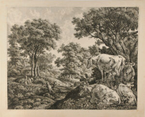 Three Resting Cows and a Standing Cow on a Hill