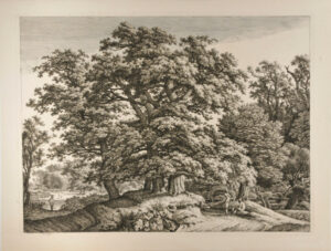 Four Oaks on an Embankment, with Two Men and a Boy in Conversation beside a Road