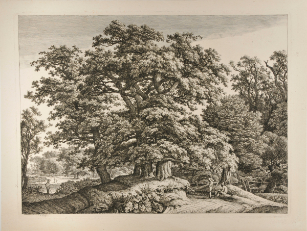 Four Oaks on an Embankment, with Two Men and a Boy in Conversation beside a Road