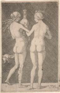 Two Nude Women, One Holding a Skull and an Hourglass