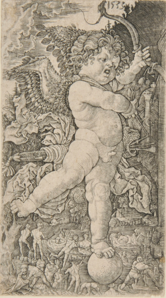 CUPID WITH A BROKEN ARROW, STANDING ON A BALL