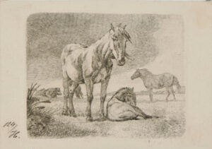 Horses and Cattle in a Pasture, Stormy Sky Above