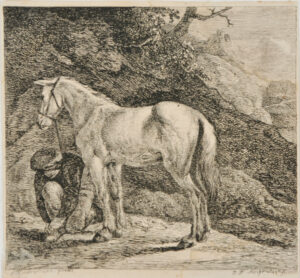 Peasant Kneeling Next to a White Horse
