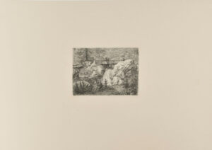 Rocky Landscape with Man on Bridge Over a Waterfall