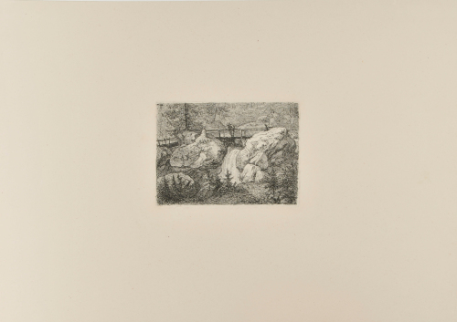 ROCKY LANDSCAPE WITH MAN ON BRIDGE OVER A WATERFALL