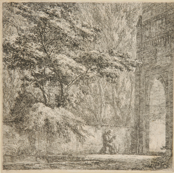 MONK READING IN A COURTYARD