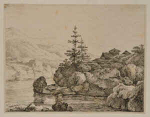 Rocky Landscape, with Cabins Near Water