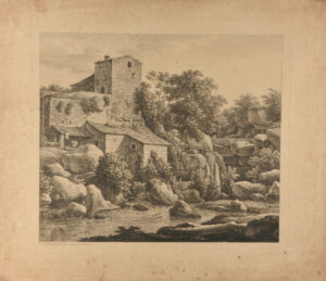 Rocky Stream with Buildings at Left