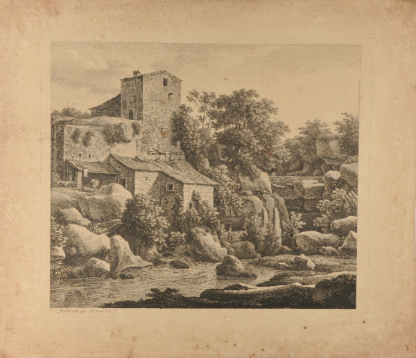 ROCKY STREAM WITH BUILDINGS AT LEFT