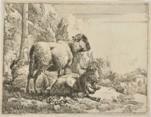 Standing Sheep at Left, Lying Sheep, and Lying Goat with Bell