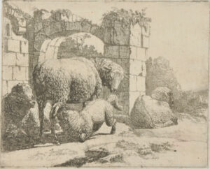 Sheep at Center with Drinking Lamb in Front of Roman Arch