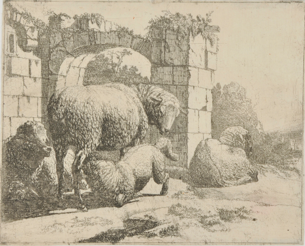 Sheep at Center with Drinking Lamb in Front of Roman Arch