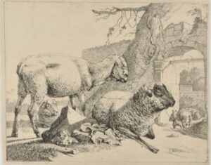 A Standing Sheep and Two Lying Sheep near Roman Gate at Right