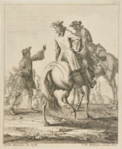 Man on Foot Talking to Two Men on Horseback