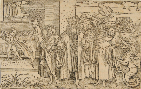 A KING BETWEEN TWO PAGES IN A LANDSCAPE, WITH OTHER SUBJECTS