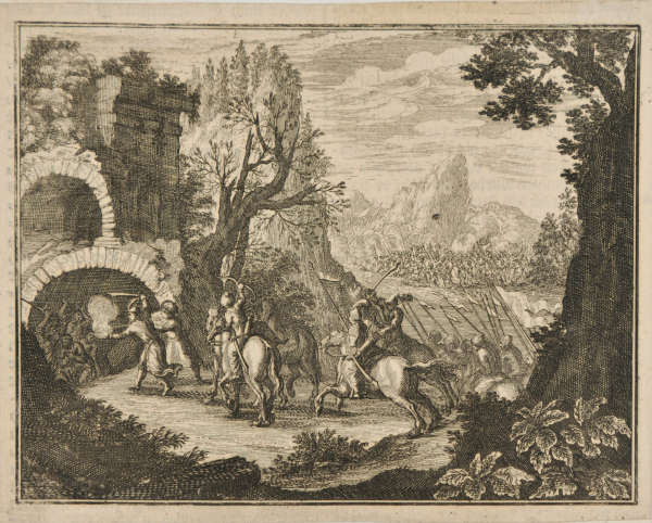 SOLDIERS ATTACKING A GROUP OF PEOPLE IN A RUINED BUILDING