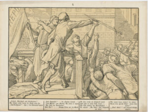 Death Hurling a Sword Marked ‘People’s Justice’ into the Crowds