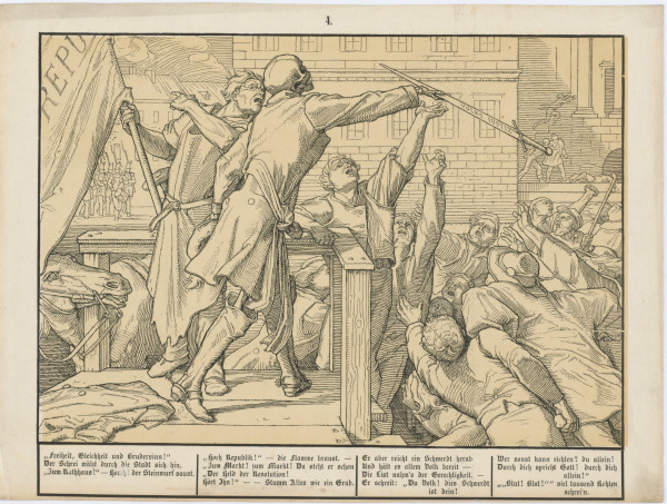 DEATH HURLING A SWORD MARKED 'PEOPLE'S JUSTICE' INTO THE CROWDS