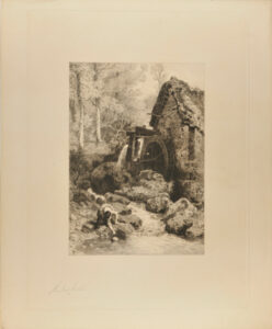 Water Mill with Girl Drawing Water from Stream Below