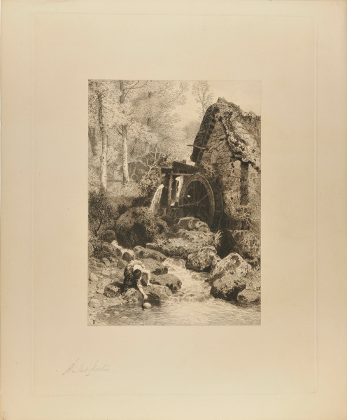 WATER MILL WITH GIRL DRAWING WATER FROM STREAM BELOW