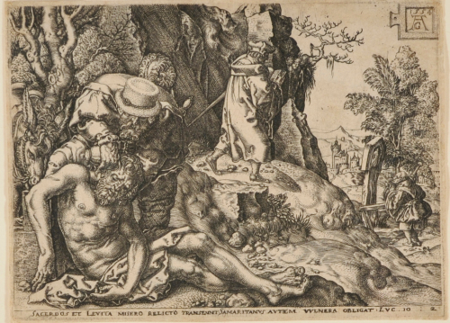 THE GOOD SAMARITAN TENDING THE TRAVELLER'S WOUNDS WITH OIL AND WINE, WITH THE PRIEST AND THE LEVITE PASSING