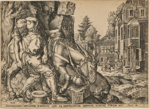 THE GOOD SAMARITAN PUTTING THE TRAVELLER ON HIS DONKEY