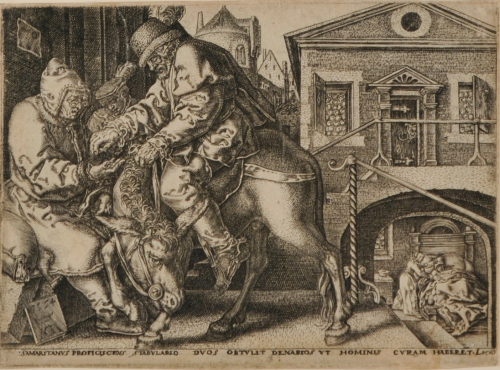 THE GOOD SAMARITAN PAYING THE INNKEEPER FOR THE CARE OF THE WOUNDED MAN