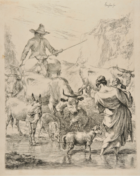 SHEPHERD AND SHEPHERDESS WITH THE HERD CROSSING THE BROOK