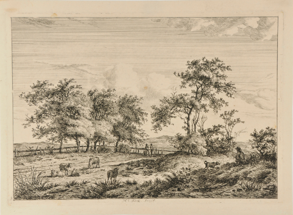 SHEEP GRAZING IN FIELD WITH TWO MEN LEANING ON FENCE IN BACKGROUND