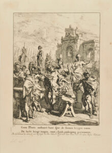 Four illustrations for the 1668 tragedy ‘Dido’s Death’ by Andries Pels: Act II, the deliberation of Aeneas and his followers interrupted by Dido and Anna.