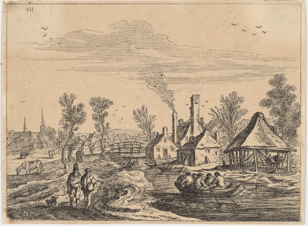 River Landscape with Six Men in a Row Boat - Image 1