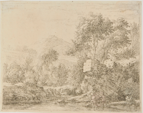 LANDSCAPE WITH TWO MEN NEAR A ROCK IN THE WATER