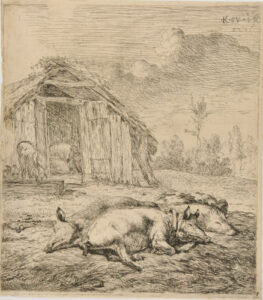 Three Pigs Lying in Front of a Stable