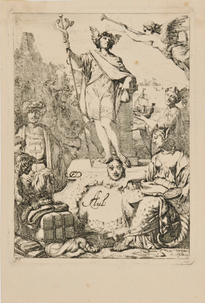 Commercial frontispiece with Mercury on a pedestal adorned with the arms of France