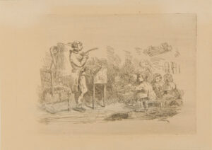 Der Schulmeister in der Schule schneidet sich die Feder