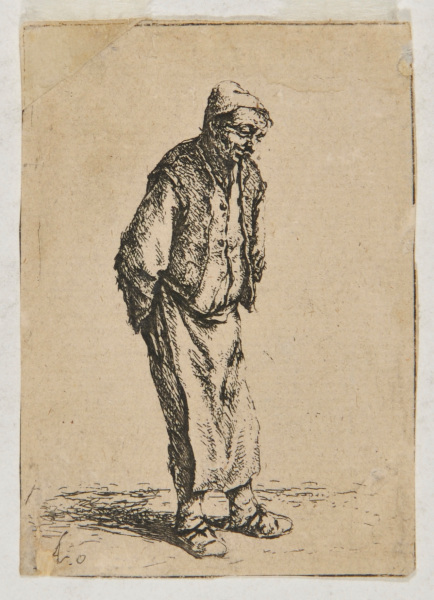 BEGGAR STANDING WITH HANDS BEHIND HIS BACK