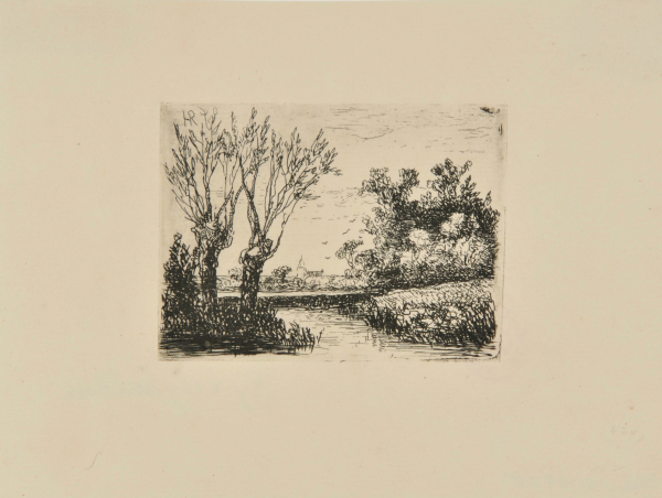 LANDSCAPE WITH TWO WILLOWS, CHURCH IN DISTANCE