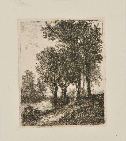 LANDSCAPE WITH GROUP OF FOUR TREES AT RIGHT, BIRDS FLYING OVERHEAD