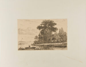 River Landscape with Thatched Cottage among Trees and Man in Rowboat