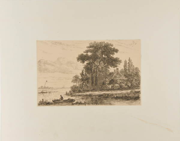 RIVER LANDSCAPE WITH THATCHED COTTAGE AMONG TREES AND MAN IN ROWBOAT