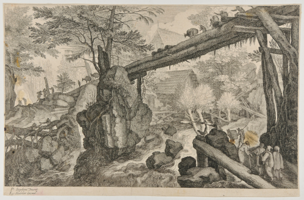LANDSCAPE WITH LOG BRIDGE OVER WATERFALL