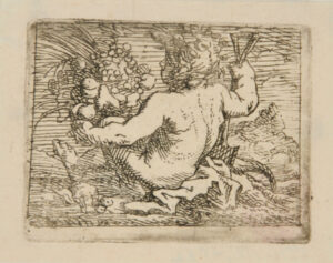 Child Holding Spade and Cornucopia of Fruit