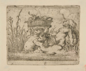 Three Children Among the Reeds, One Holding up a Basket of Fish